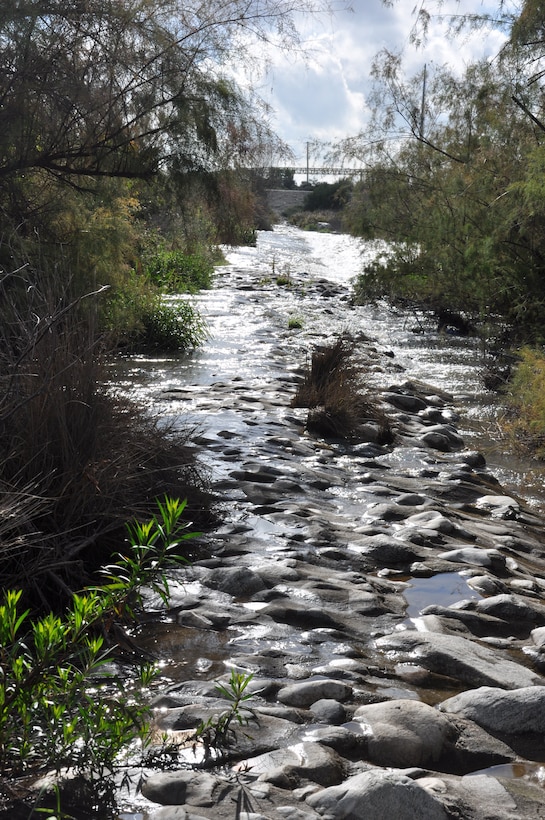 Reach 12 of the wide San Gabriel River as seen from its west side, March 6, near Azuza, California.