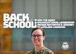 Mass Communication Specialist 1st Class Chelsea Meiller, of Oak Creek, Wisconsin, poses for a photograph on February 24, 2023 with the title "Back to School: How the USNCC Organizational Leadership Degree Restarted a Journey of Lifelong Learning" title in text over her head. Meiller is one of the U.S. Naval Community College's first students in the Associate of Arts in Organizational Leadership program.