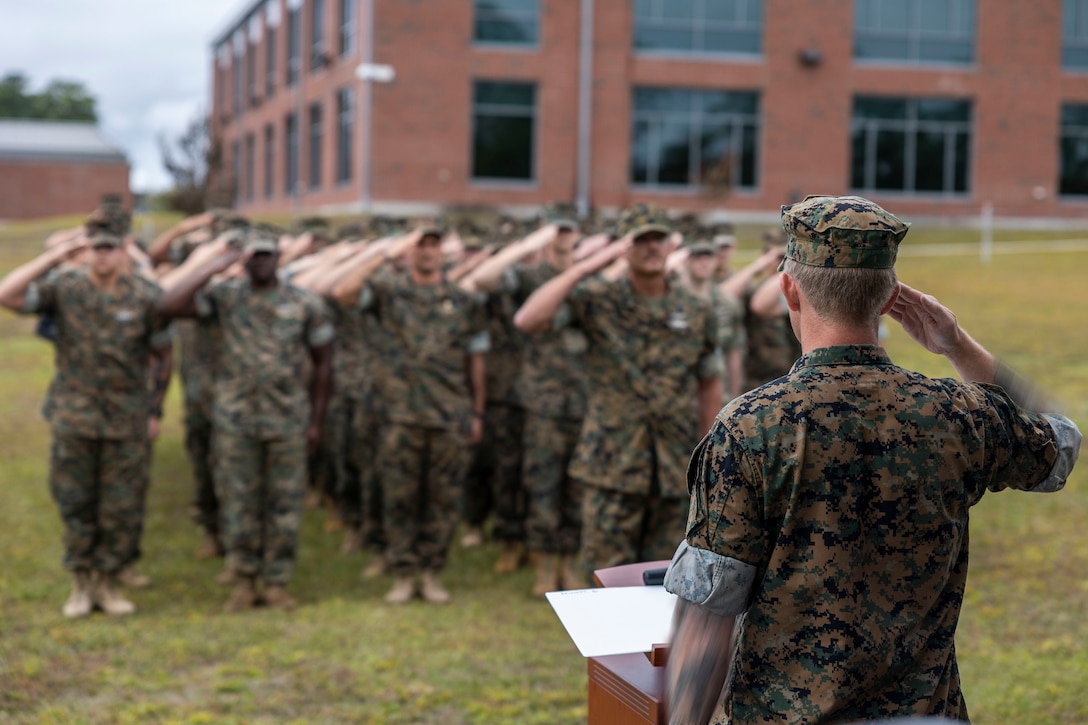 Marines, Sailors and civilians with Marine Forces Special Operations Command celebrate the U.S. Navy’s 247th Birthday at Camp Lejeune, North Carolina, Oct. 13, 2022. Senior Navy leaders talked to the Marines and Sailors about naval history and traditions and the importance of the Navy-Marine Corps team at MARSOC. “As we reflect on our shared history and heritage, let us remember the sacrifices of those who sailed before us to keep the seas free and open,” said Chief of Naval Operations, Adm. Mike Gilday in his message celebrating the Navy's 247th Birthday. (U.S. Marine Corps photo by Sgt. Brennan Priest)