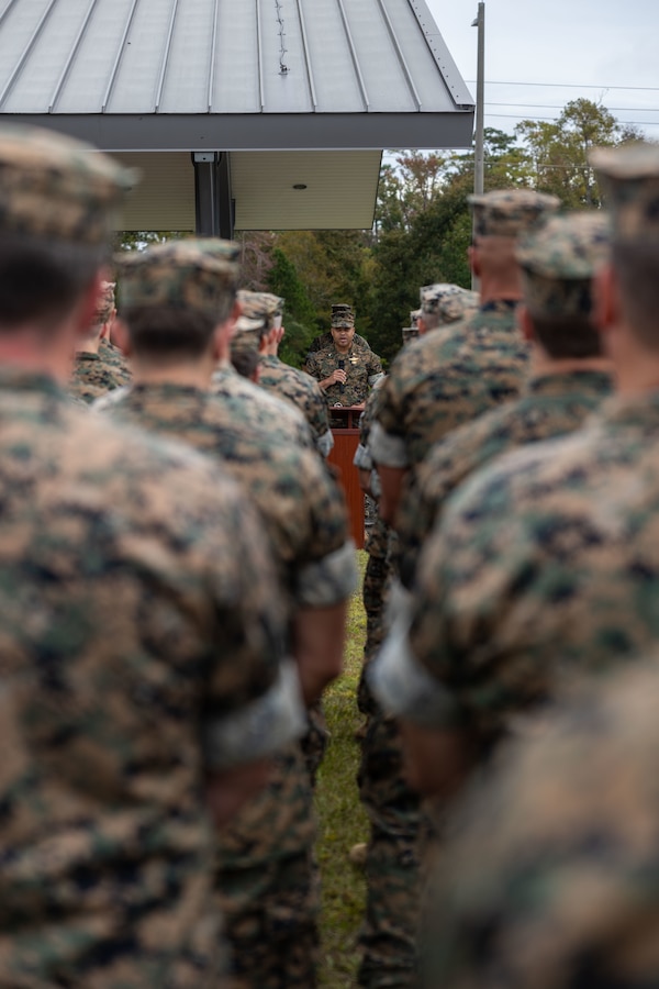 Marines, Sailors and civilians with Marine Forces Special Operations Command celebrate the U.S. Navy’s 247th Birthday at Camp Lejeune, North Carolina, Oct. 13, 2022. Senior Navy leaders talked to the Marines and Sailors about naval history and traditions and the importance of the Navy-Marine Corps team at MARSOC. “As we reflect on our shared history and heritage, let us remember the sacrifices of those who sailed before us to keep the seas free and open,” said Chief of Naval Operations, Adm. Mike Gilday in his message celebrating the Navy's 247th Birthday. (U.S. Marine Corps photo by Sgt. Brennan Priest)
