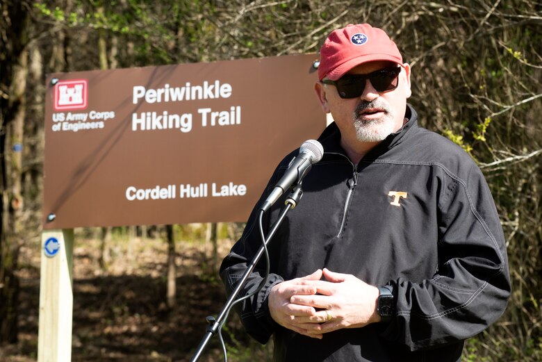 Smith County Mayor Jeff Mason speaks to visitors during the dedication of Periwinkle Hiking Trail March 25, 2023, at the Indian Creek Archery Range Trailhead in Granville, Tennessee. (USACE Photo by Lee Roberts)