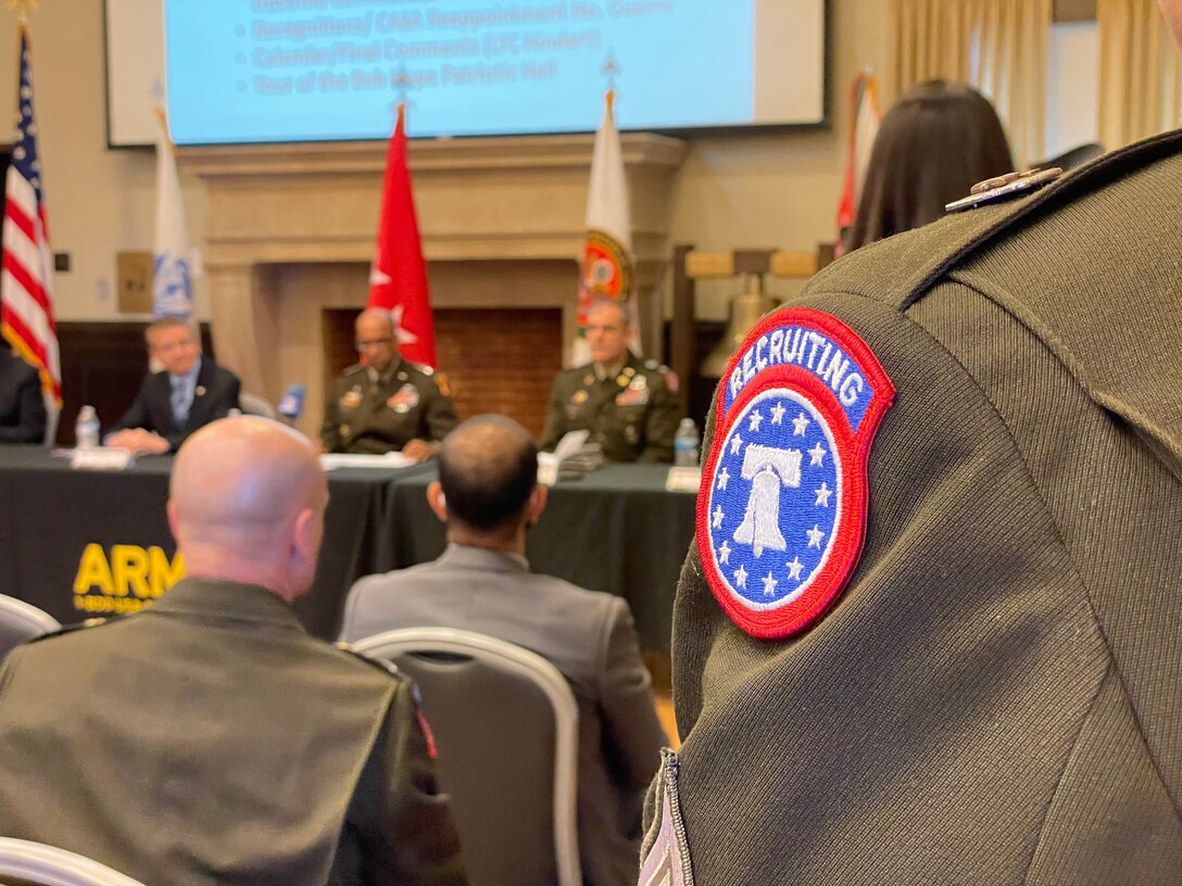 A U.S. Army Recruiting Command shoulder sleeve insignia is visible during the March 7 Community Partners Meeting in downtown Los Angeles.