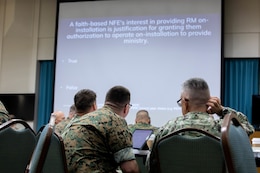 U.S. Navy chaplains in the Indo Pacific, participate in a true and false pretest together during the Professional Development training workshop, at Crow’s Nest, on Camp Shields, Okinawa, Japan, March 14, 2023. PDTC is a 3 day course to train chaplains and religious program specialists by working together in their units to facilitate various faith groups and allowing them to freely practice their religion.  The course also taught chaplains and RP’s about how to help Marines with their personal lives such as their finances issues, emotional health and help provide a safe place.