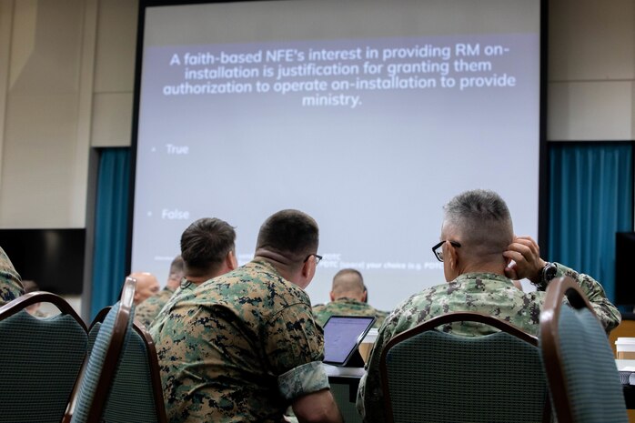 U.S. Navy chaplains in the Indo Pacific, participate in a true and false pretest together during the Professional Development training workshop, at Crow’s Nest, on Camp Shields, Okinawa, Japan, March 14, 2023. PDTC is a 3 day course to train chaplains and religious program specialists by working together in their units to facilitate various faith groups and allowing them to freely practice their religion.  The course also taught chaplains and RP’s about how to help Marines with their personal lives such as their finances issues, emotional health and help provide a safe place.