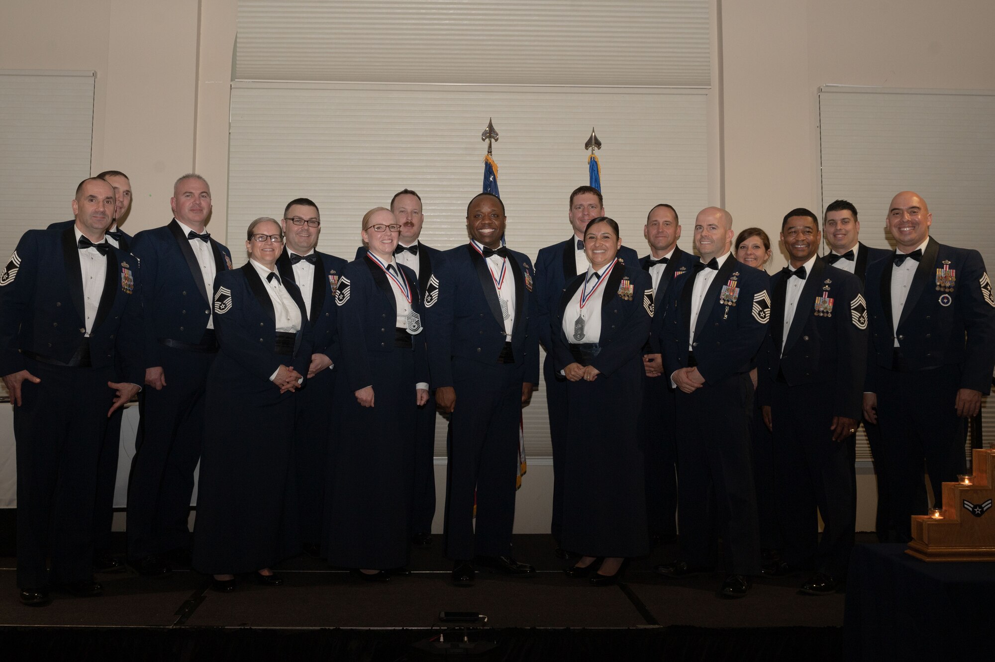 4th Fighter Wing Chief Master Sergeant and selects pose for a photo at Heritage Hall, Seymour Johnson Air Force Base, North Carolina, March 24, 2023. No more than 1.25% of the Air Force enlisted force may hold the rank of chief master sergeant by federal law. (U.S. Air Force photo by Airman 1st Class Rebecca Sirimarco-Lang)
