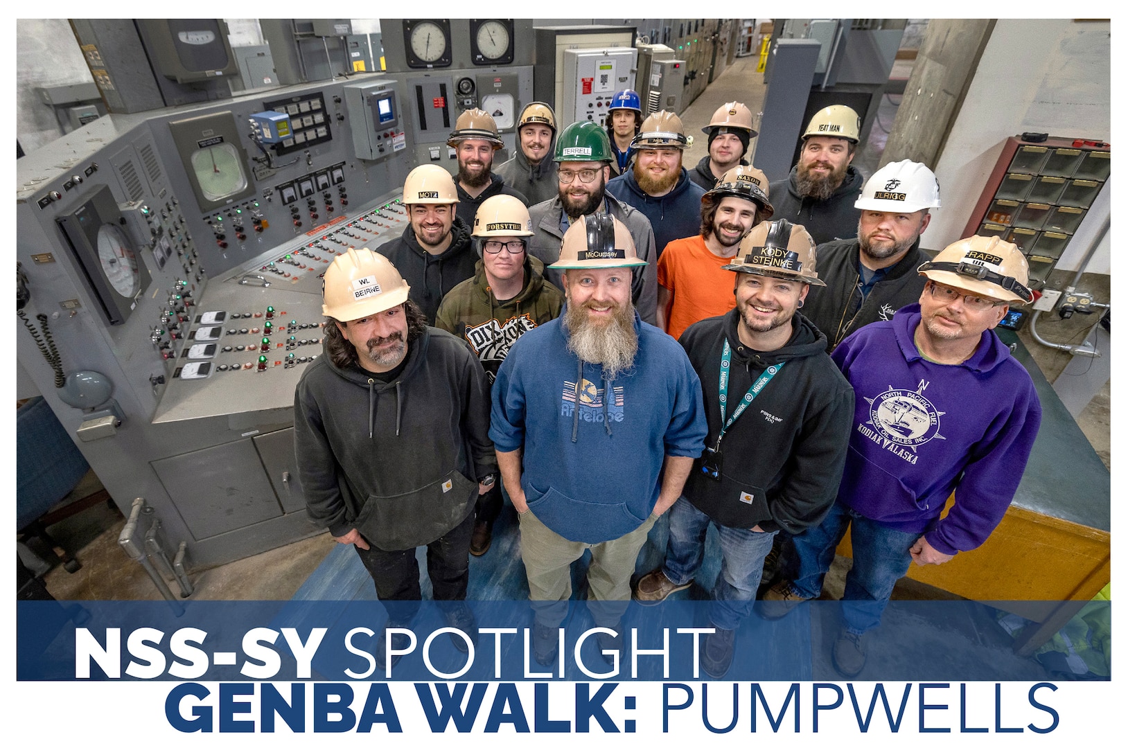 Members of the Shop 99, Temporary Services, pumpwell team pose for a picture inside the Dry Dock 6 Pumpwell March 15, 2023 at Puget Sound Naval Shipyard & Intermediate Maintenance Facility in Bremerton, Washington. Team members support the fleet and shipyard operations every day, both during and between dockings and undockings. The shipyard's dry docks and pumpwells were built between 1894 and 1963, so the system undergoes continual maintenance. (U.S. Navy photo by Scott Hansen)