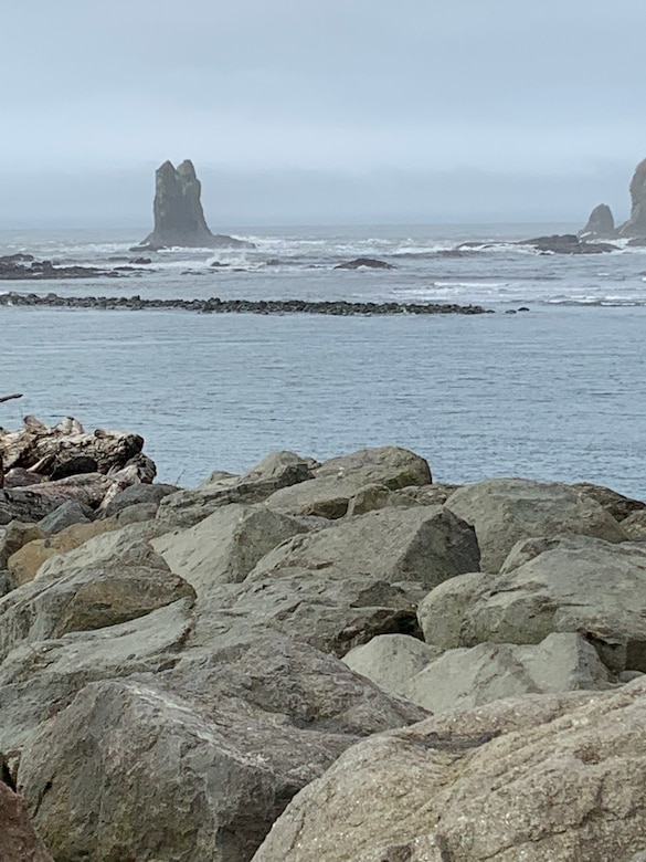 Photo of a sea dike in the distance. A seawall of rocks is in the foreground.