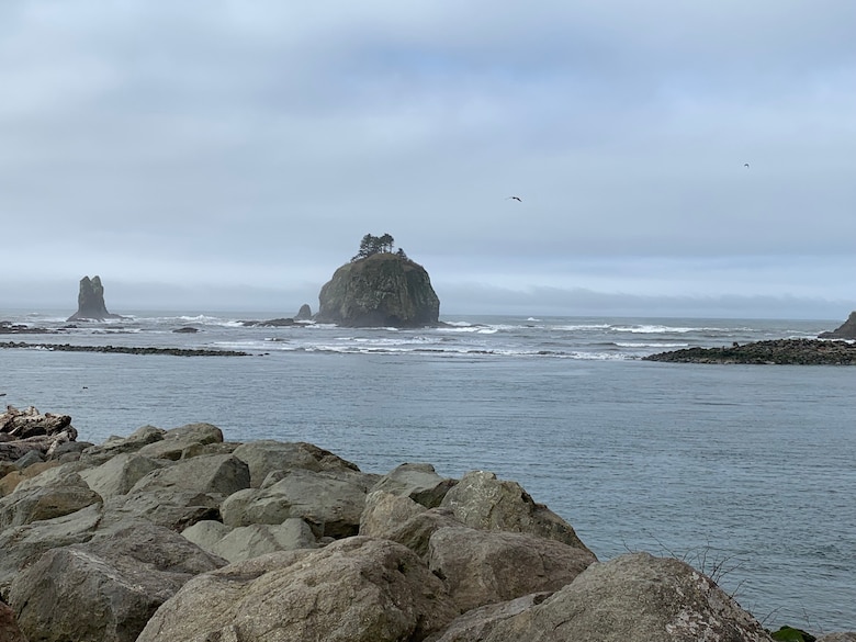 Photo of rocks piled in the foreground, with a sea dike in the distance.