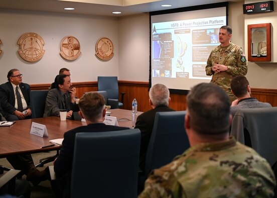 Col. Rob Long, Space Launch Delta 30 commander, hosted the California Governor's Military Council Vandenberg Space Force Base, Calif., March 28, 2023. In addition to providing mission updates and sharing challenges, Col. Long also showcased SLD 30's innovation as it continues to build the range of the future. (U.S. Space Force photo by Senior Airman Tiarra Sibley)