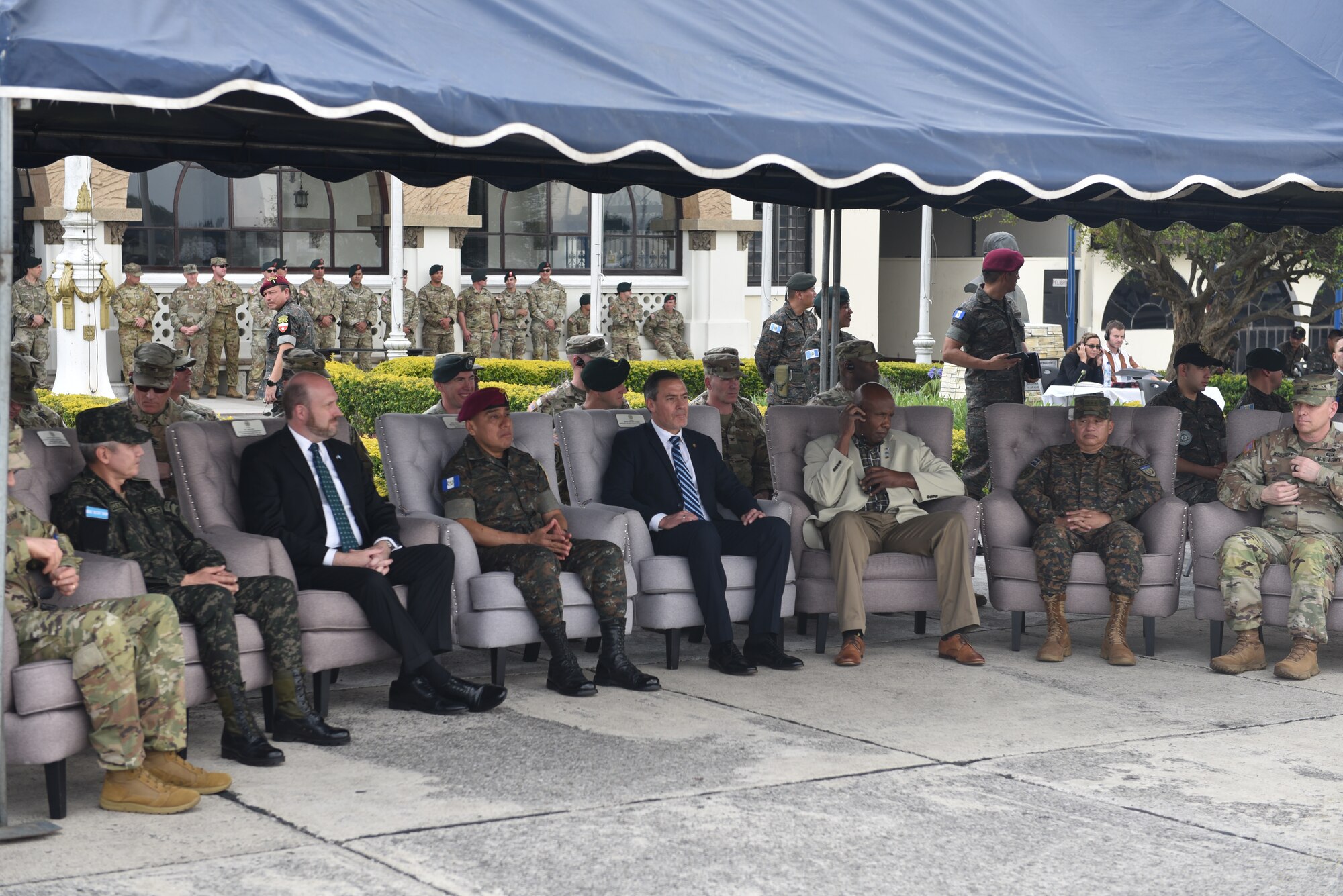 Leaders from ARSOUTH, USSOUTHCOM, El Salvador, Guatemala, and Honduras sit with US Ambassador to Guatemala, William W. Popp during the closing ceremony of CENTAM GUARDIAN in Guatemala City, Guatemala Mar 27, 2023. CENTAM GUARDIAN is an annual exercise designed to build humanitarian assistance/disaster response functional capacity, enhance readiness to combat common threats, and promote cooperation and interoperability between participating forces.