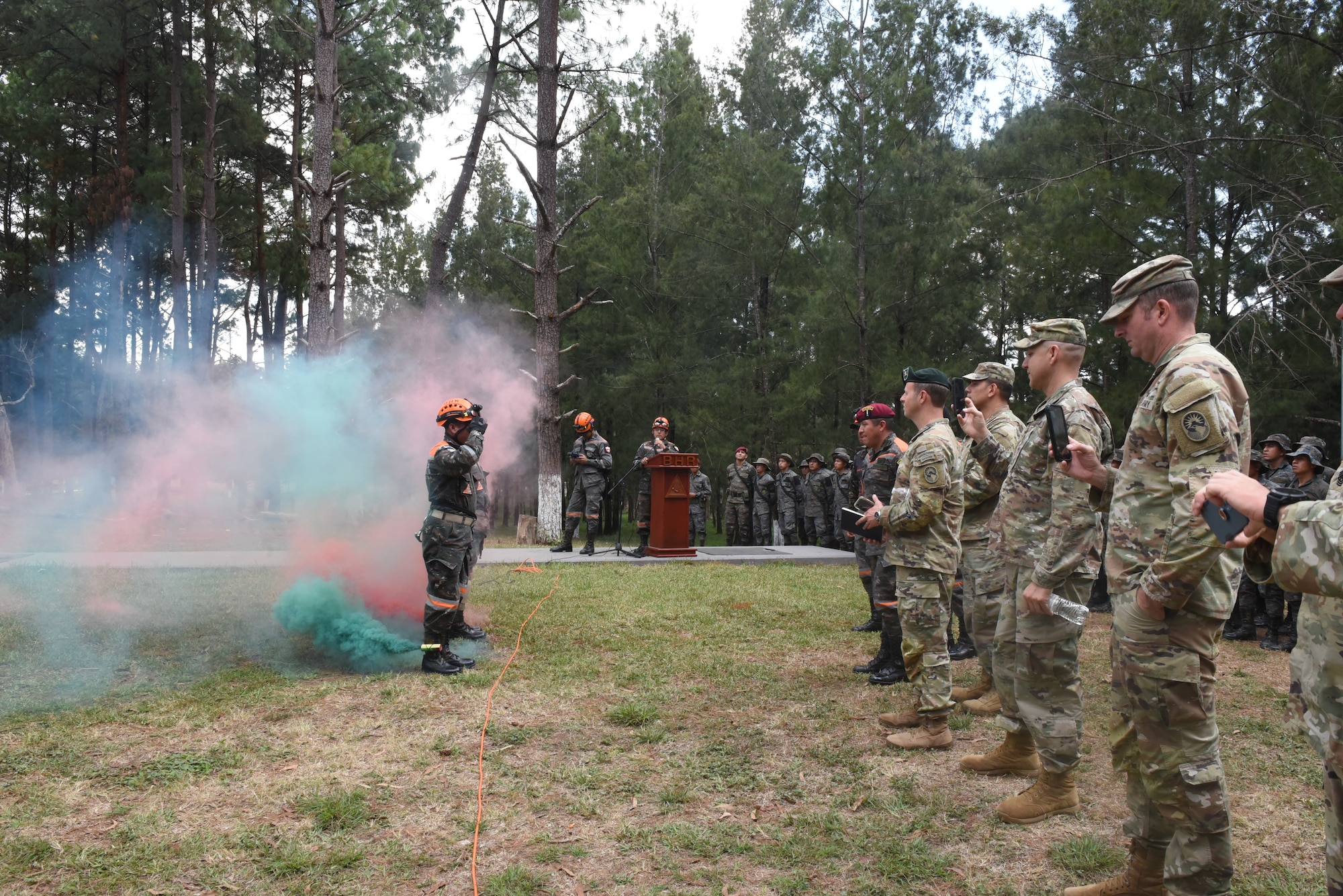 U.S. Army COL Phillip Brown, Joint Task Force commander, observes soldiers from the Batallon Humanitario y de Rescate during a demonstration of emergency response capabilities Mar 27, 2023. Joint Task Force Bravo Commander visits with regional partners and Civil Affairs teams in Guatemala from 22 - 29 March 2023 to reaffirm the task forces commitment to our regional partners and discuss how to strengthen respective partnerships.