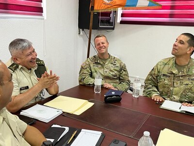U.S. Army COL Phillip Brown, Joint Task Force commander, speaks with COL Alvarado Ruiz, director of Artillery, from D5 about ongoing efforts to build up their Civil Affairs teams and efforts Mar 28, 2023. Joint Task Force Bravo Commander visits with regional partners and Civil Affairs teams in Guatemala from 22 - 29 March 2023 to reaffirm the task forces commitment to our regional partners and discuss how to strengthen respective partnerships.