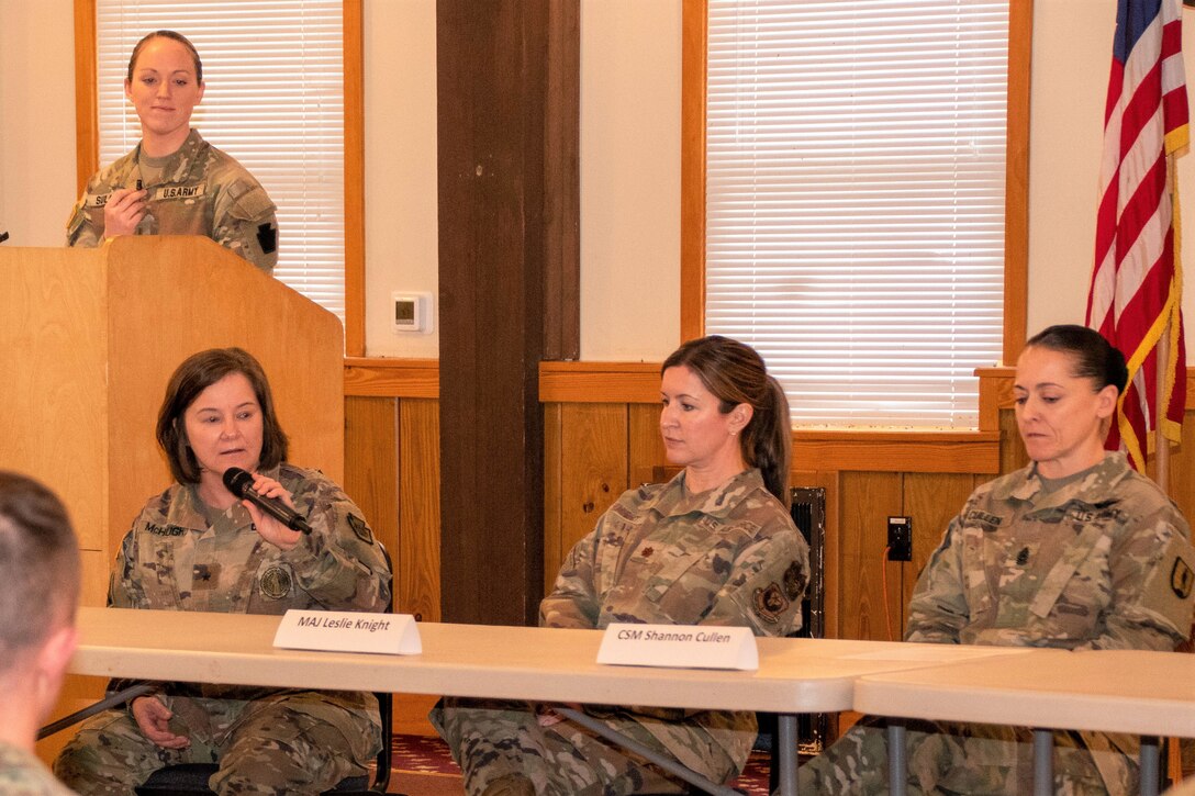 Army Brig. Gen. Laura McHugh Deputy Adjutant General-Army, addresses a question during the Pennsylvania National Guard’s Women’s History Month Celebration at the Keystone Conference Center here March 23. “I personally believe it’s just a matter of time,” McHugh said in regard to numbers of females in senior enlisted leadership roles. “You can look back just about three, three-and-a-half years ago and you didn’t see a female sergeant major. Now, I can name them on both hands, so it’s just a matter of time.”
(Pennsylvania National Guard photo by Wayne V. Hall)