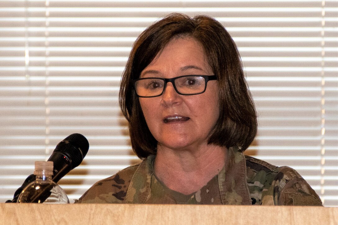Army Brig. Gen. Laura McHugh Deputy Adjutant General-Army delivers opening remarks during the Pennsylvania National Guard’s Women’s History Month Celebration at the Keystone Conference Center here March 23. (Pennsylvania National Guard photo by Wayne V. Hall)