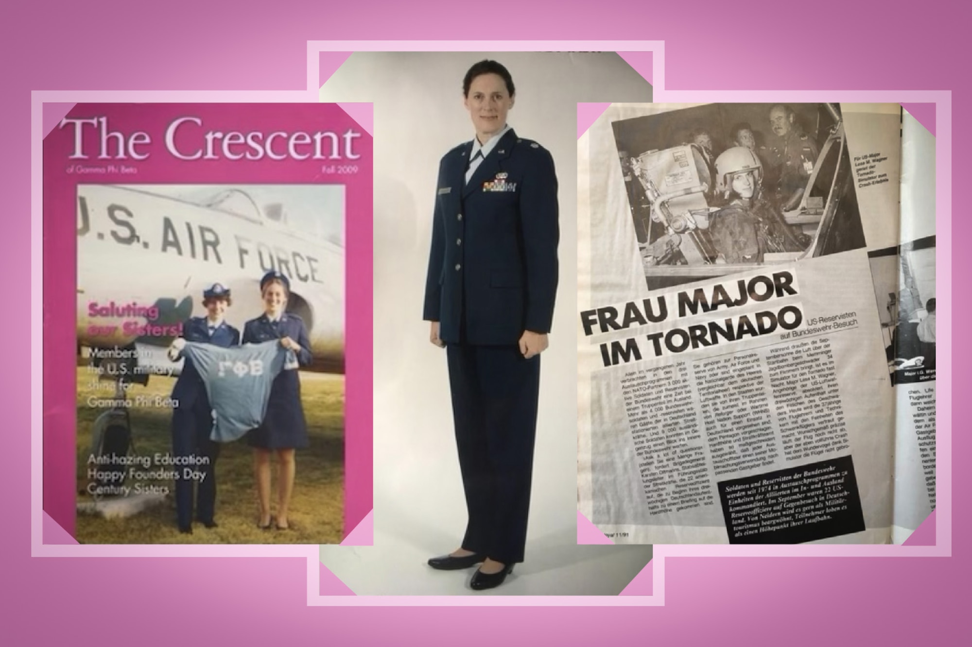 This graphic looks like a photo album. It depicts photos of old newspapers and a woman wearing Air Force dress blues in the center.