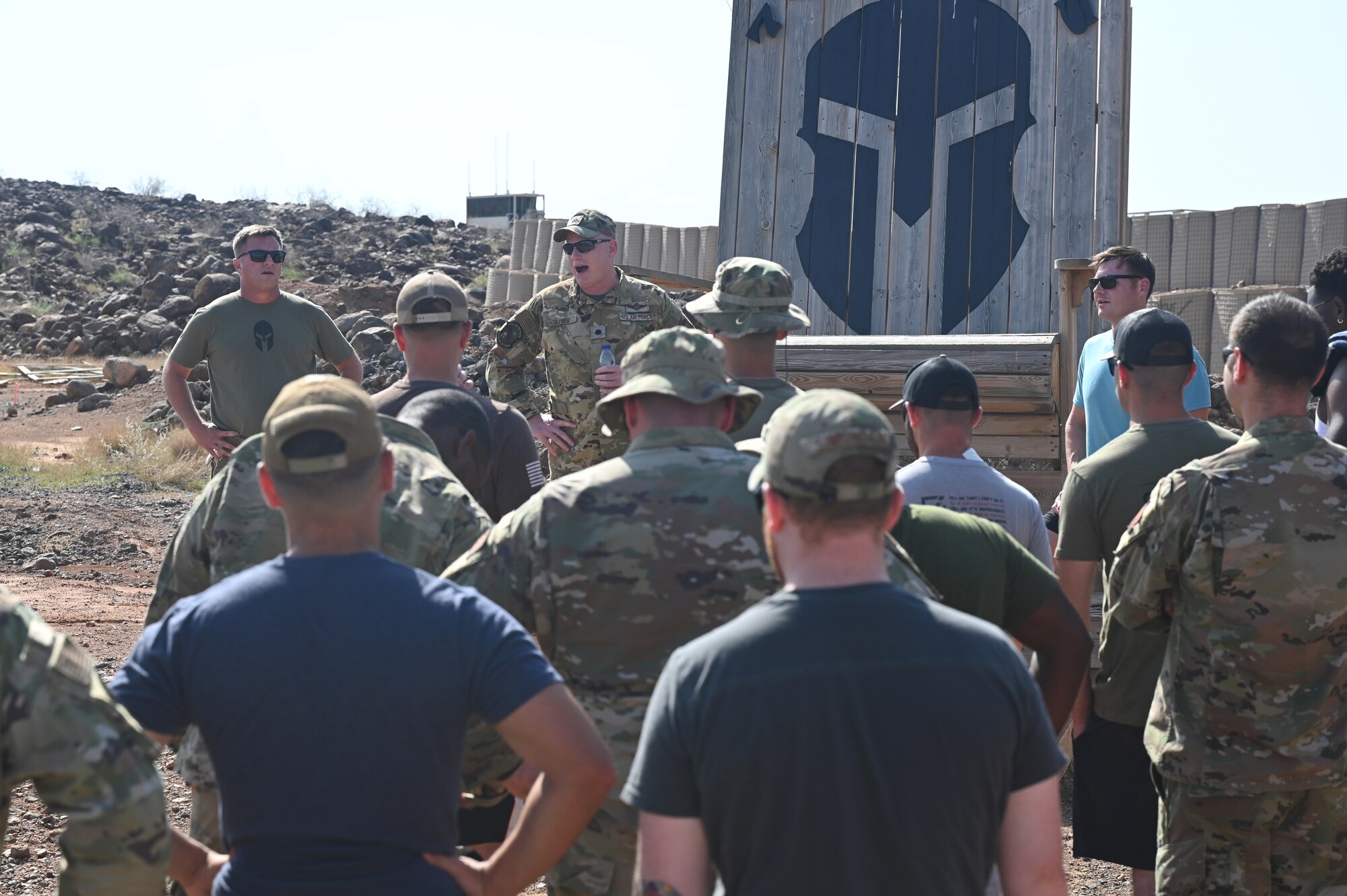 U.S. Air Force Senior Master Sgt. Nicholas Caldwell, Senior Enlisted Leader for the 776th Expeditionary Air Base Squadron (EABS), Lt. Col. Bryan Culipher, director of operations for the 776th EABS, and Master Sgt. Bradley Barnes, First Sergeant for the 776th EABS, give opening remarks for the day’s celebration in honor of Chabelley Airfield’s 10-year anniversary at Chabelley Airfield, Djibouti, March 24, 2023. The 776th EABS falls under the 449th Air Expeditionary Group located at nearby Camp Lemonnier, Djibouti, and works as part of the group’s mission by supporting combined operations and initiatives aimed at advancing strategy-aligned priorities. (U.S. Air Force photo by Tech. Sgt. Jayson Burns)