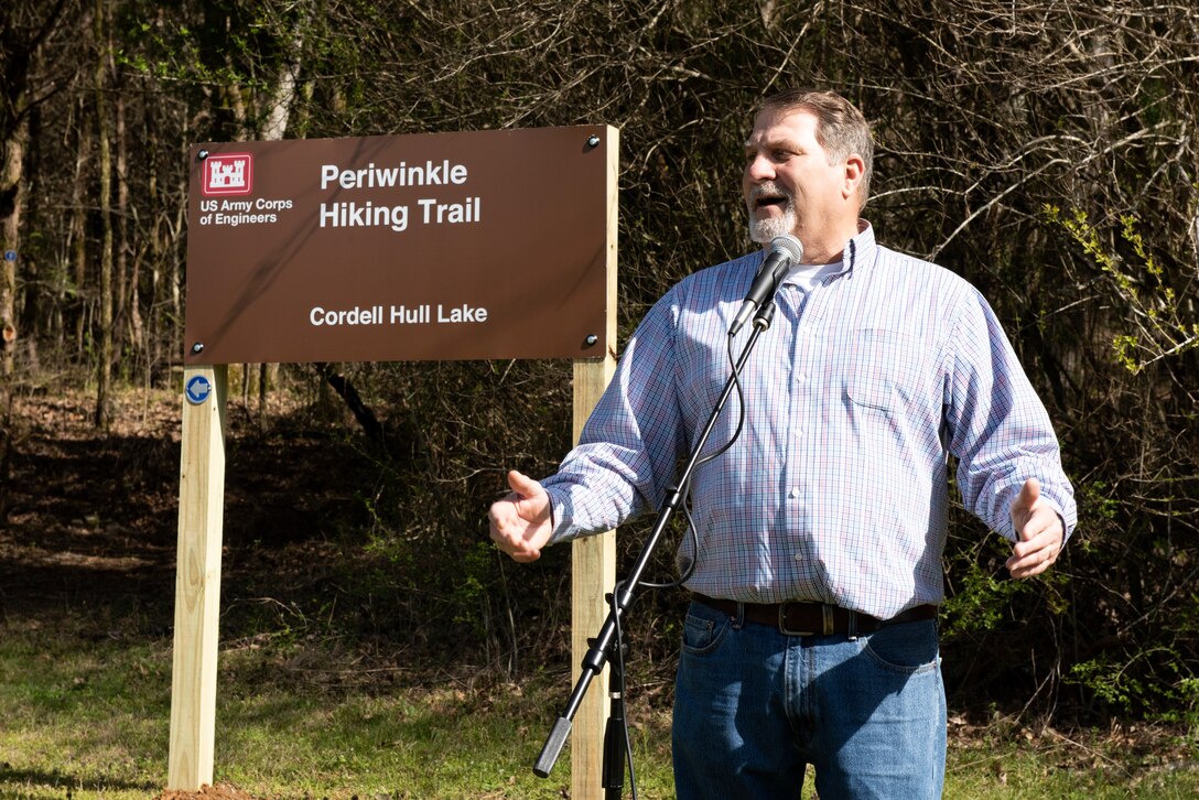 Jackson County Mayor Randy Heady makes opening comments March 25, 2023, during a dedication ceremony for Periwinkle Hiking Trail at the Indian Creek Archery Range Trailhead in Granville, Tennessee. (USACE Photo by Lee Roberts)