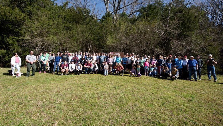 Everyone that attended the dedication of Periwinkle Trail March 25, 2023, at the Indian Creek Archery Range Trailhead poses following the ribbon cutting before heading out to see where volunteers blazed Cordell Hull Lake’s newest hiking trail. The “Friends Group of Cordell Hull Lake” worked with the U.S. Army Corps of Engineers Nashville District staff at the lake to construct the trail. (USACE Photo by Lee Roberts)