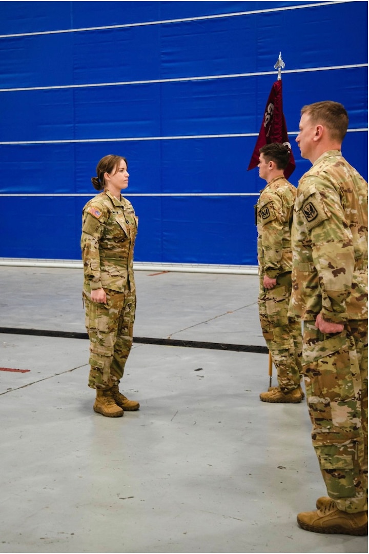 First Lt. Valerie Harter takes command of the Virginia National Guard’s Medevac detachment, the Chesterfield-based Detachment 2, Charlie Company, 1st Battalion, 169th Aviation Regiment, March 11, 2023, in a ceremony held at the Virginia National Guard’s Army Aviation Support Facility in Sandston, Virginia. (Courtesy photo)