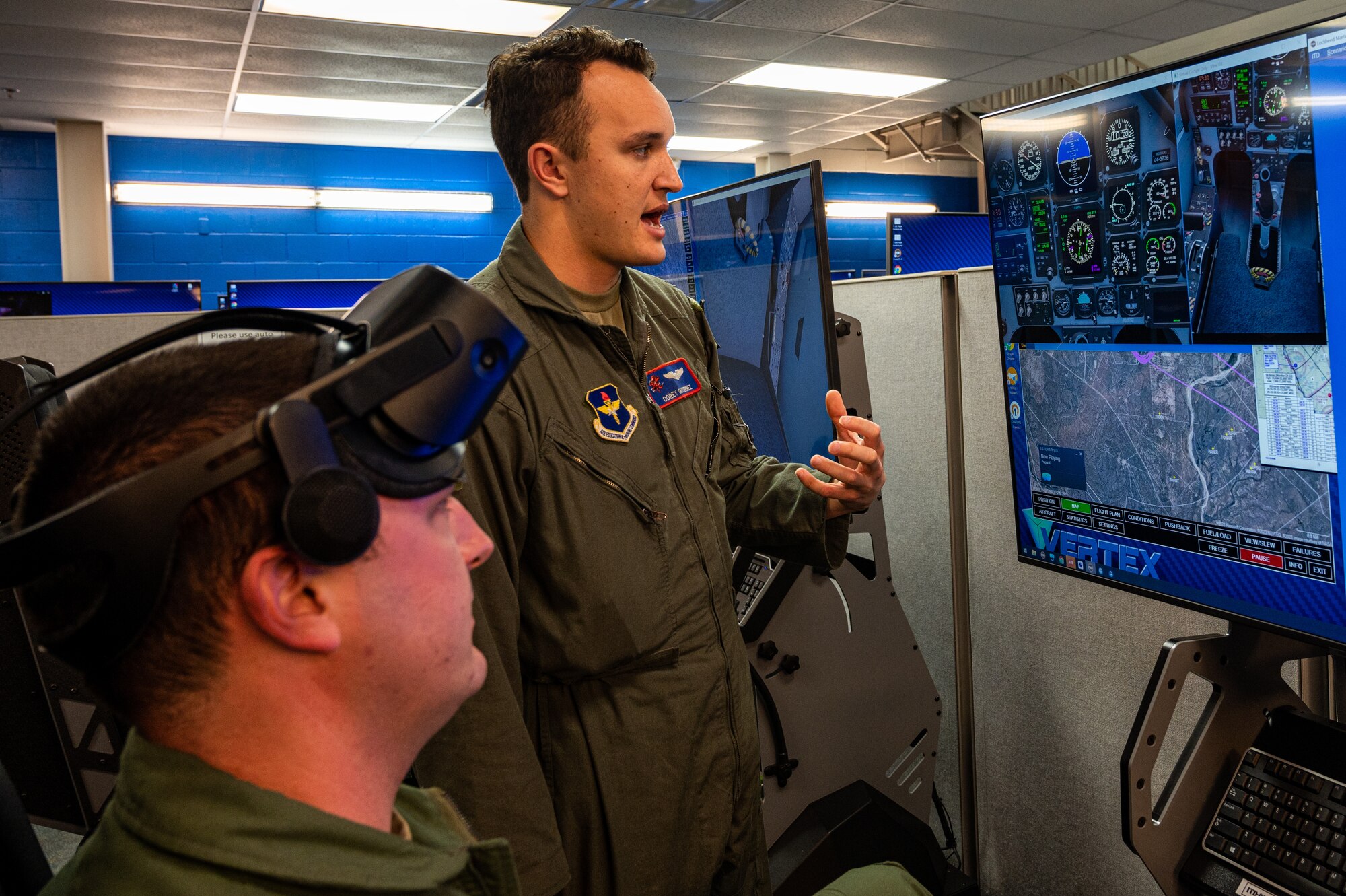 U.S. Air Force 1st Lt. Cory Gutierrez, 434th Training Squadron instructor pilot, gives insight on the lessons students learn while in phase 1 of pilot training on Feb. 22, 2023, at Laughlin Air Force, Texas. During phase 1, students start with a world-class academic program where they learn about pilot physiology, weather, aerodynamics, aircraft systems, and more. (U.S. Air Force photo by Senior Airman David Phaff)