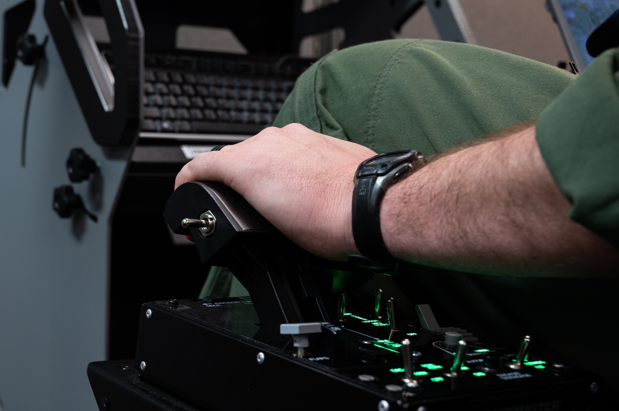 U.S. Air Force 2nd Lt. Morgan Craver, 47th Flying Training Wing student pilot, practices a simulated Texan II T-6 flight on Feb. 22, 2023, at Laughlin Air Force, Texas. Simulators help prepare pilots before they start flying aircraft or offer an avenue to practice without actually flying (U.S. Air Force photo by
Senior Airman David Phaff)