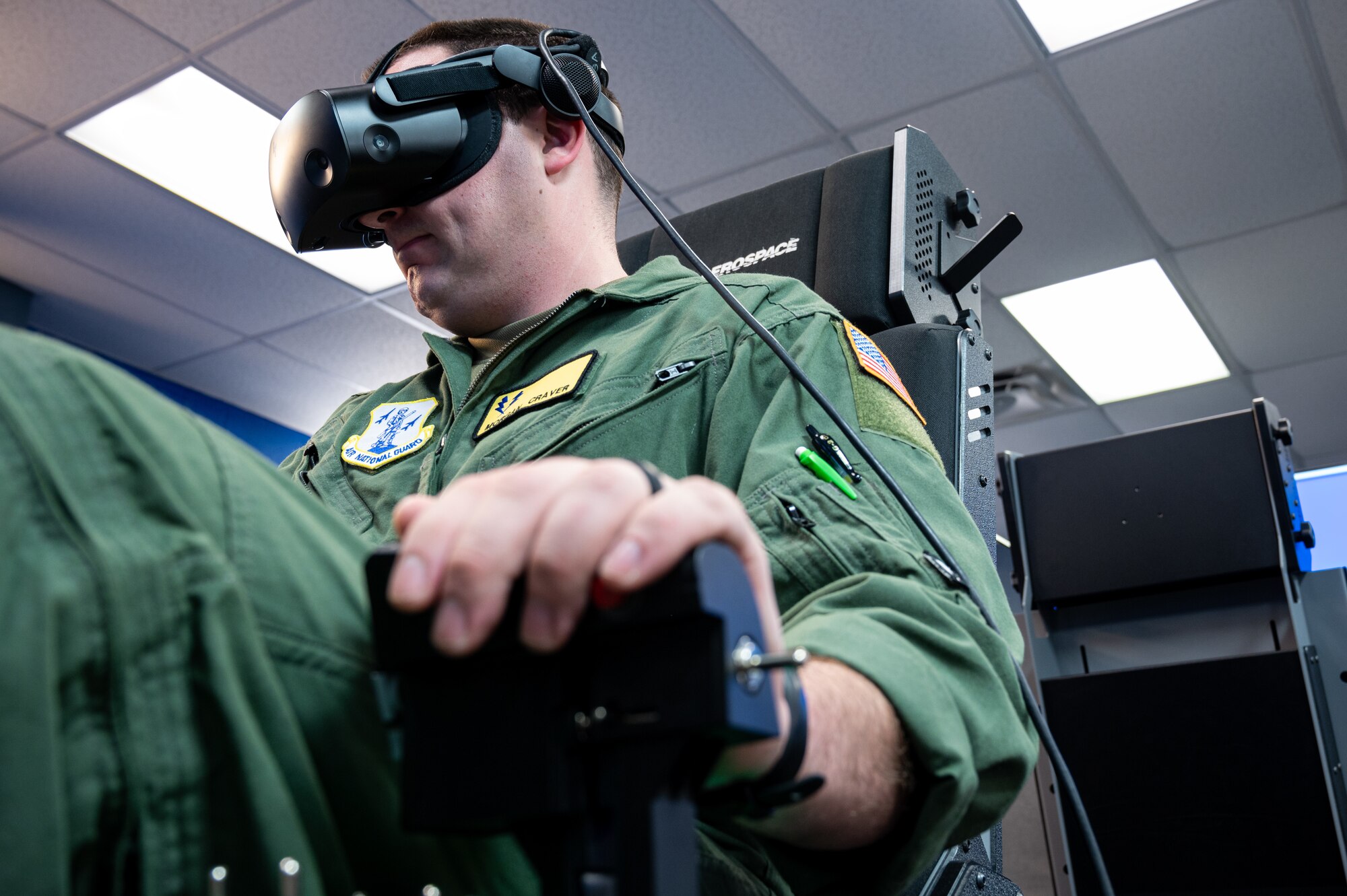 U.S. Air Force 2nd Lt. Morgan Craver, 47th Flying Training Wing student pilot, practices a simulated Texan II T-6 flight on Feb. 22, 2023, at Laughlin Air Force, Texas. Simulators help prepare pilots before they start flying aircraft or offer an avenue to practice without actually flying. (U.S. Air Force photo by
Senior Airman David Phaff)