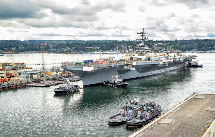 USS Theodore Roosevelt (CVN 71), pictured above while undocking Aug. 4, 2022, completed an 18-month availability March 21, 2023, at Puget Sound Naval Shipyard & Intermediate Maintenance Facility, in Bremerton, Washington. The carrier completed sea trials en route to San Diego. (U.S. Navy photo by Wendy Hallmark)