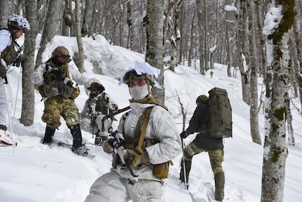 U.S. Army Soldiers from 3rd Battalion, 172nd Infantry Regiment (Mountain), 86th Infantry Brigade Combat Team (Mountain), along with Austrian and Montenegrin partners, conduct a reconnaissance during Common Challenge 23 in the mountains around Kolašin, Montenegro, Feb. 7, 2023.