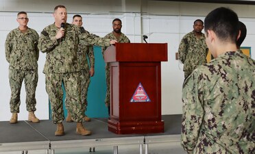 (March 23, 2023) NAVAL AIR STATION PENSACOLA, Fla. -- Force Master Chief Richard L. Mengel (center, at podium with microphone), Naval Education and Training Command, speaks to a group Naval Air Technical Training Center (NATTC) staff and students during NATTC’s Barracks of the Month competition March 23. The “USS Nimitz” student barracks won the competition for March.

NATTC’s Barracks of the Month competition grades each student barracks on their conduct, watch qualifications, Coalition of Sailors Against Destructive Decisions (CSADD) participation, volunteer hours, student of the month ranking, and the winner of the previous month’s barracks chant competition. CSADD is a student-to-student peer mentoring program that encourages positive social interaction and development of leadership and good decision making skills.

In response to a question from the audience, Mengel spoke about the importance of Sailors and Marines learning and growing on a daily basis, and understanding that the U.S. Navy is a "team sport," as they work every day to be a good shipmate. (U.S. Navy photo)