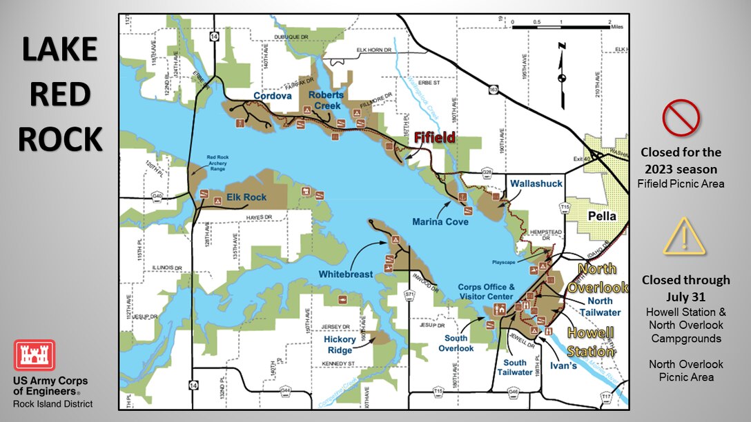 A map showing the Lake Red Rock area and recreation sites affected by seasonal closures.