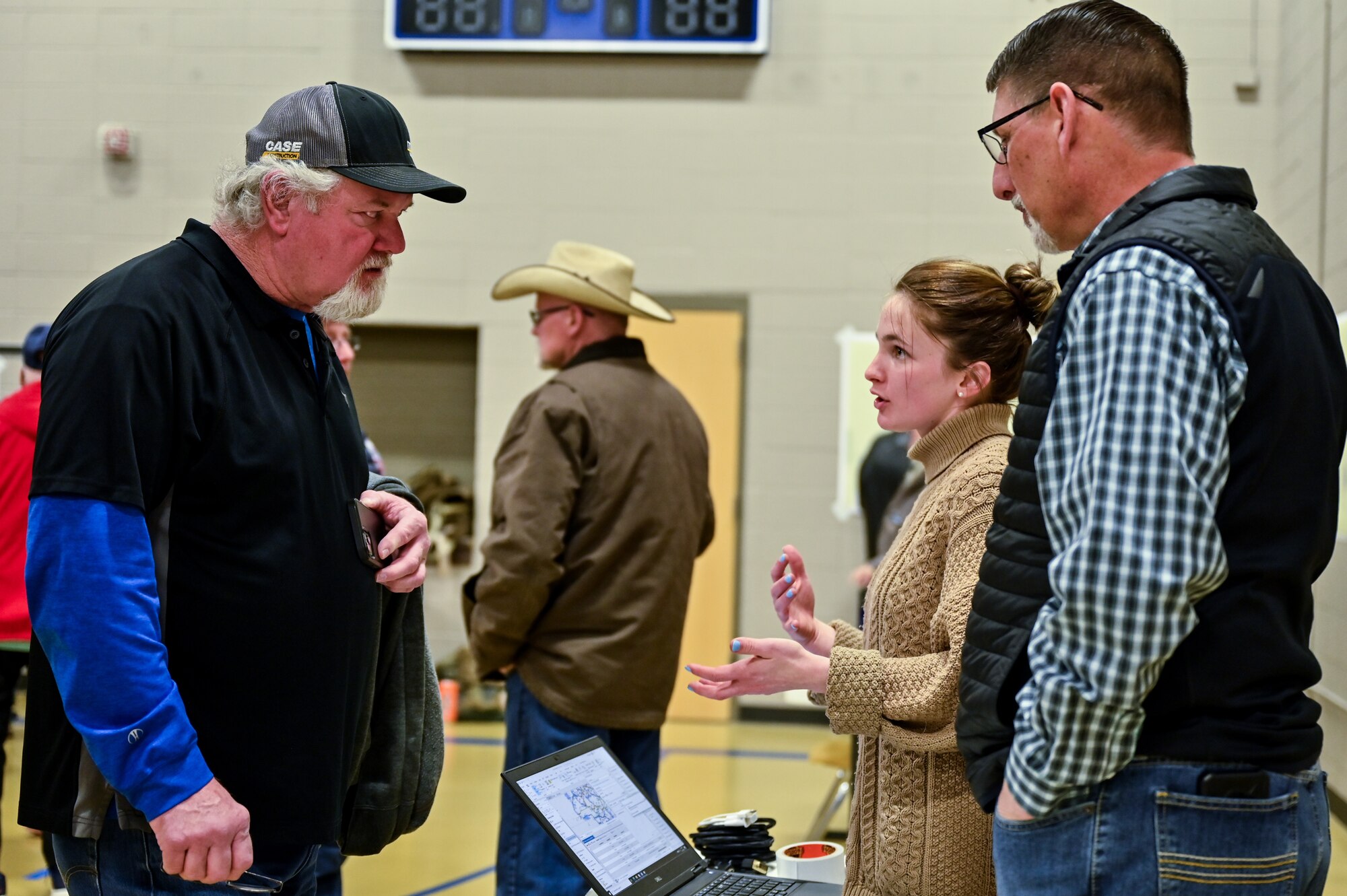 The U.S. Air Force and the U.S. Corps of Engineers host a Sentinel town meeting for Laramie County landowners to discuss real estate activities and future negotiations to support the project in Pine Bluffs, Wyoming, March 27, 2023. The Air Force discussed the temporary construction easements for utility corridors and launch facilities and missile alert facilities conversion; the new permanent easements for utility corridors; drainage easements for LF and MAF sites converted to the new Sentinel Launch Centers; road access to new tower sites; and fee acquisitions for five-acre tower sites. (U.S. Air Force photos by Joseph Coslett Jr.)