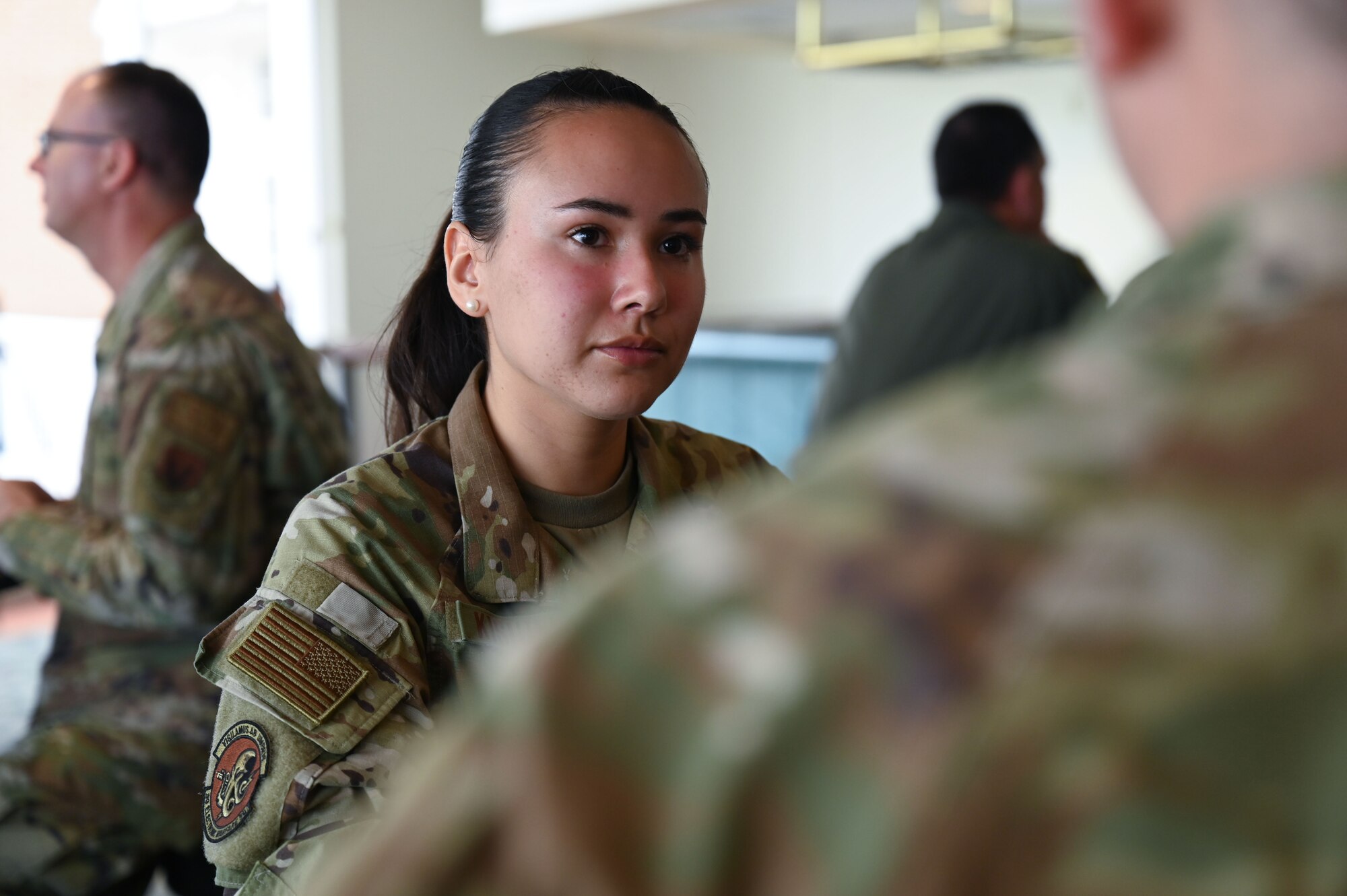 U.S. Air Force 2nd Lt. Maria Kishimoto, 39th Electronic Warfare deputy flight commander, talks during the first 350th Spectrum Warfare Wing Women’s history Month Symposium at Eglin Air Force Base, Fla., March 27, 2023. The symposium included topics such as history of women in the Armed Forces, barriers to service, promotion and work life balance. (U.S. Air Force photo by Staff Sgt. Ericka A. Woolever)