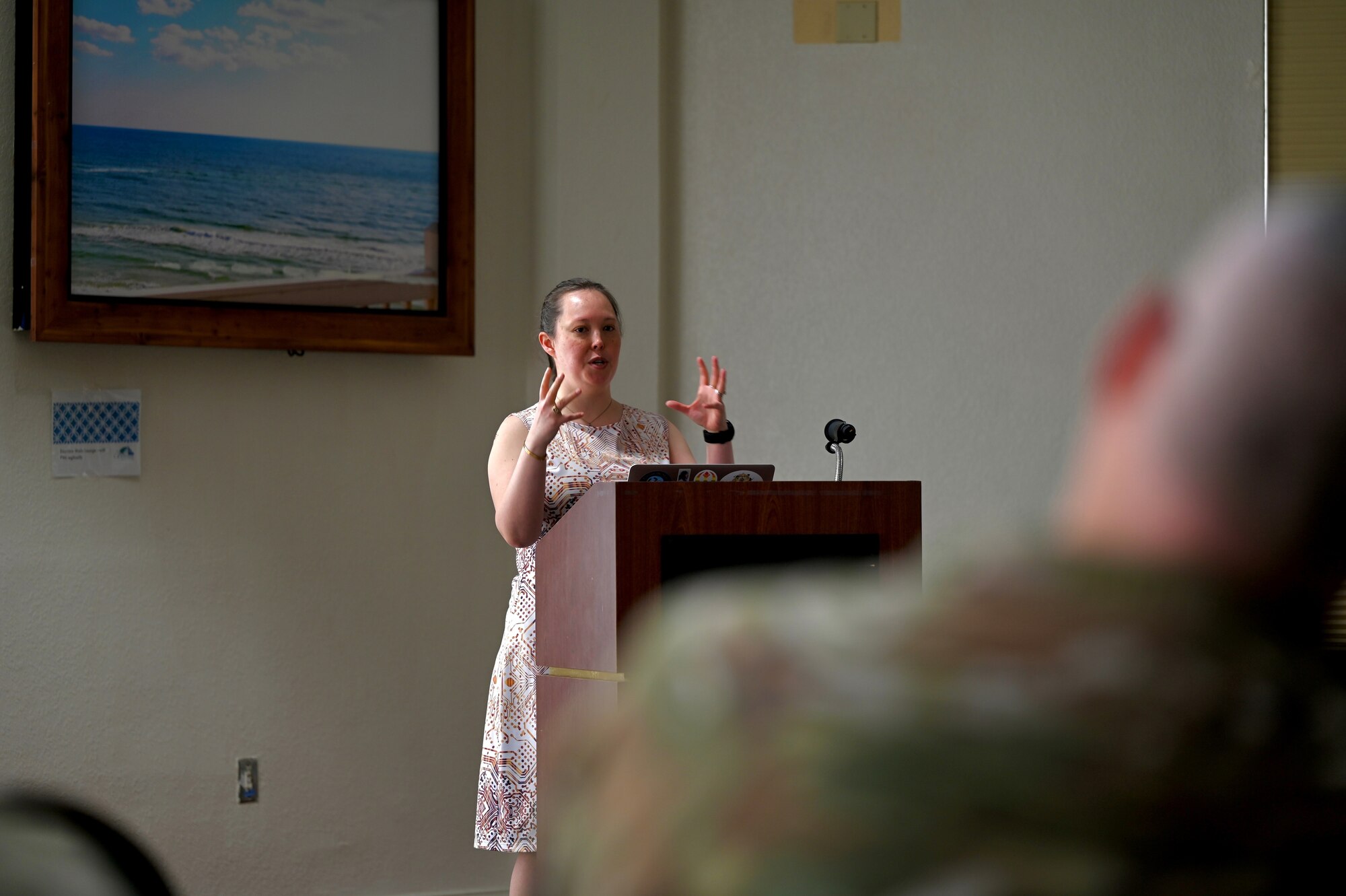 Dr. Katherine Prat, Mircosoft program manager with the enterprise and OS Team, spoke about her life and goals as a women-veteran and engineer to members of the 350th Spectrum Warfare Wing during its first Women's History Month Symposium at Eglin Air Force Base, Fla., March 27, 2023. The symposium featured history lessons on famous women of aviation, mentorship discussions, a guest speaker and an opportunity to discuss barriers women still face in the U.S. Air Force (U.S. Air Force photo by 1st Lt. Benjamin Aronson)