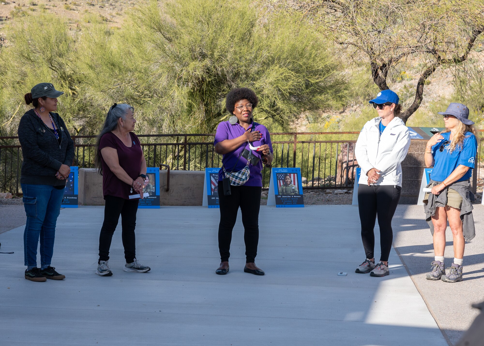 Former U.S. Army specialist Shoshana Johnson, Purple Heart recipient and first black female prisoner of war in U.S. military history, speaks to participants of the Wear Blue: Run to Remember Piestewa Challenge March 26, 2023, at Piestewa Peak Trailhead in Phoenix, Arizona.