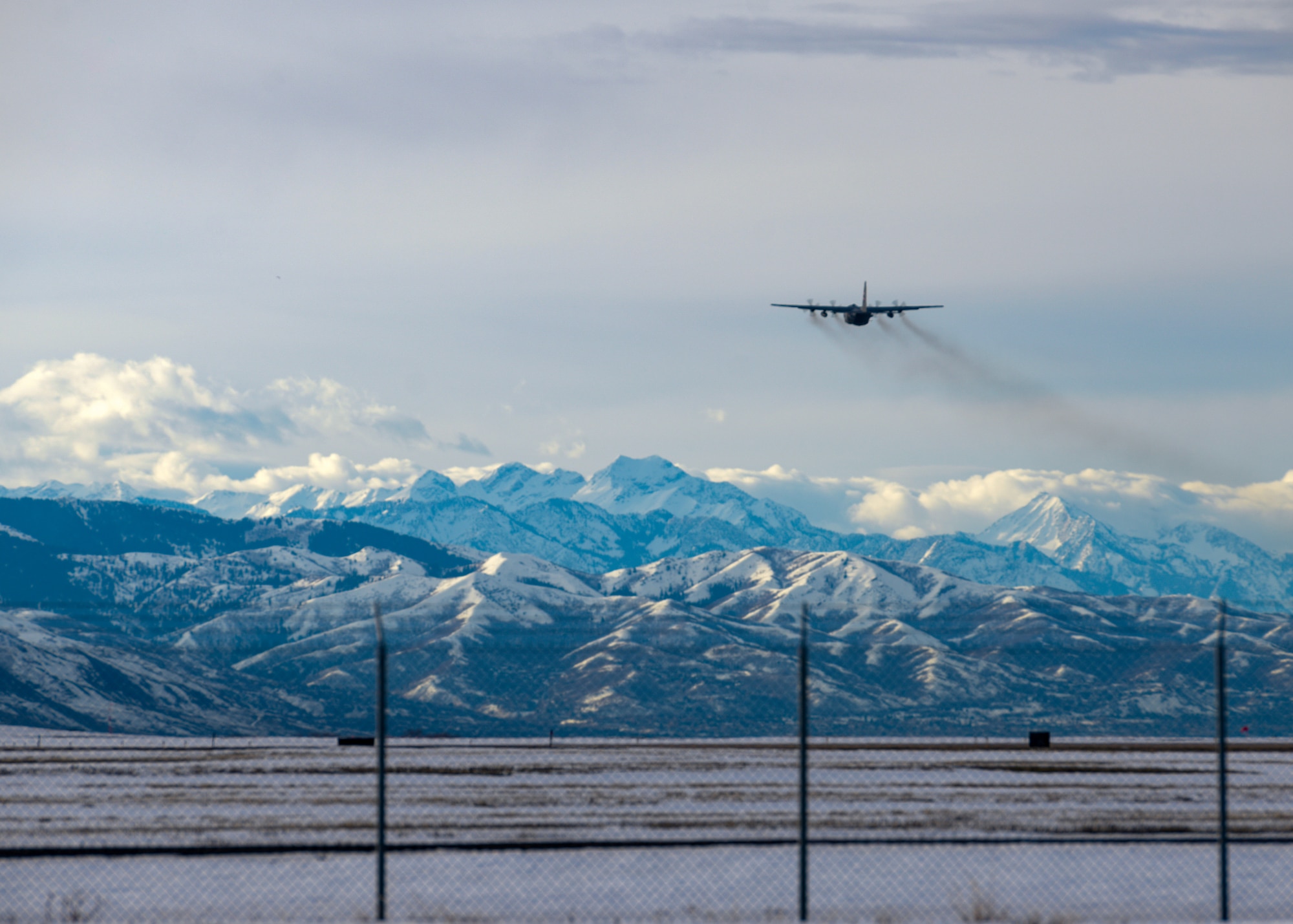 An aerial spray-modified C-130H Hercules aircraft assigned to the 910th Airlift Wing, Youngstown Air Reserve Station, Ohio, takes off from Hill Air Force Base, Utah, on March 14, 2023.