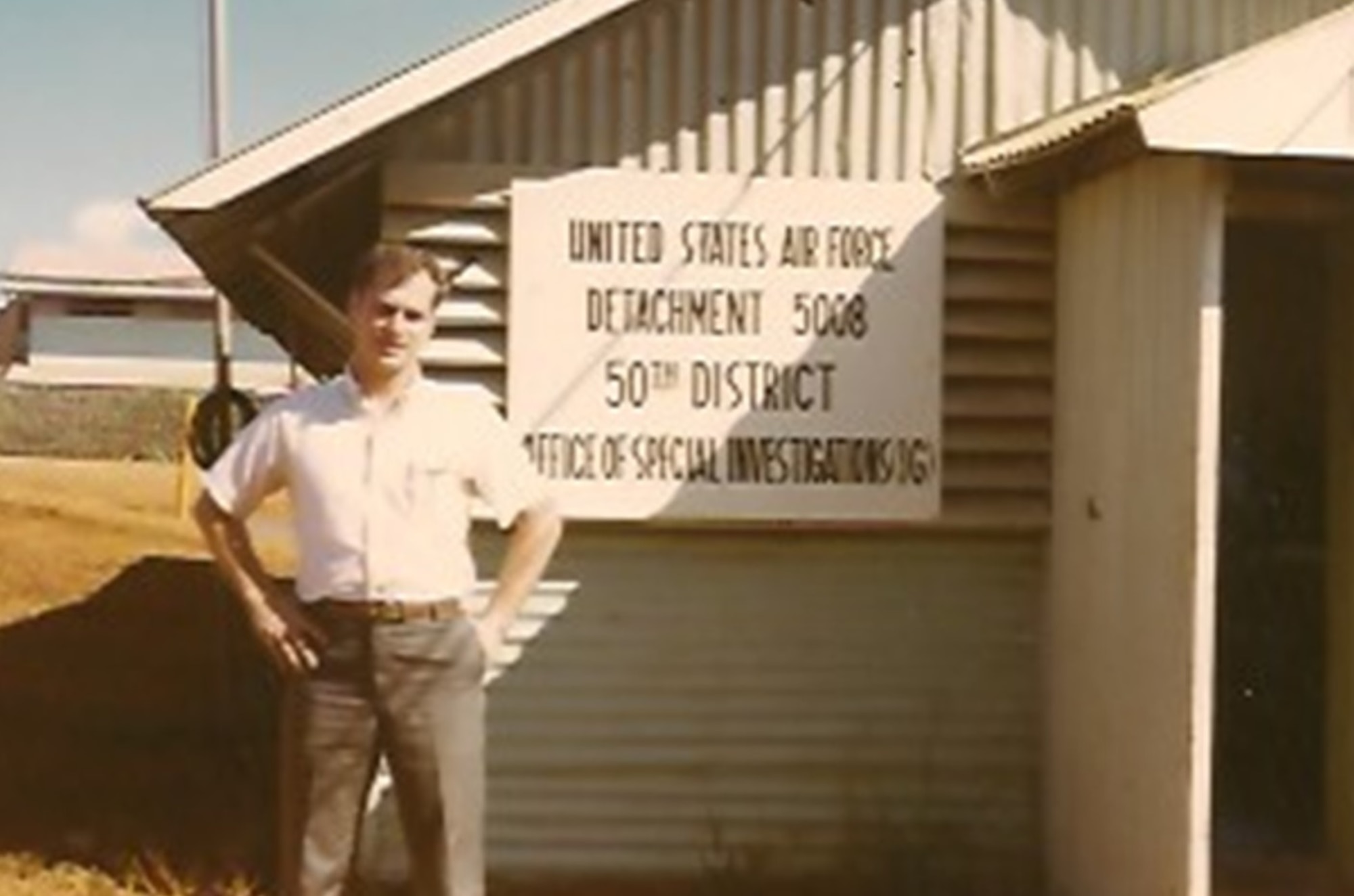 Special Agent Bill Arnold in front of OSI Detachment 5008 Headquarters at Pleiku Air Base, Vietnam, in 1970. (Bill Arnold courtesy photo).