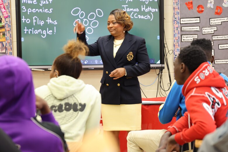 Sonya Rodgers, Chief of the Office of Small Business Programs, speaks to students at Vigor High School, October 11, 2022, Mobile, Alabama. Rodgers, who has worked for the Mobile District for over 35 years, loves recruiting young talent for USACE and the District. (U.S. Army photo by Chuck Walker)