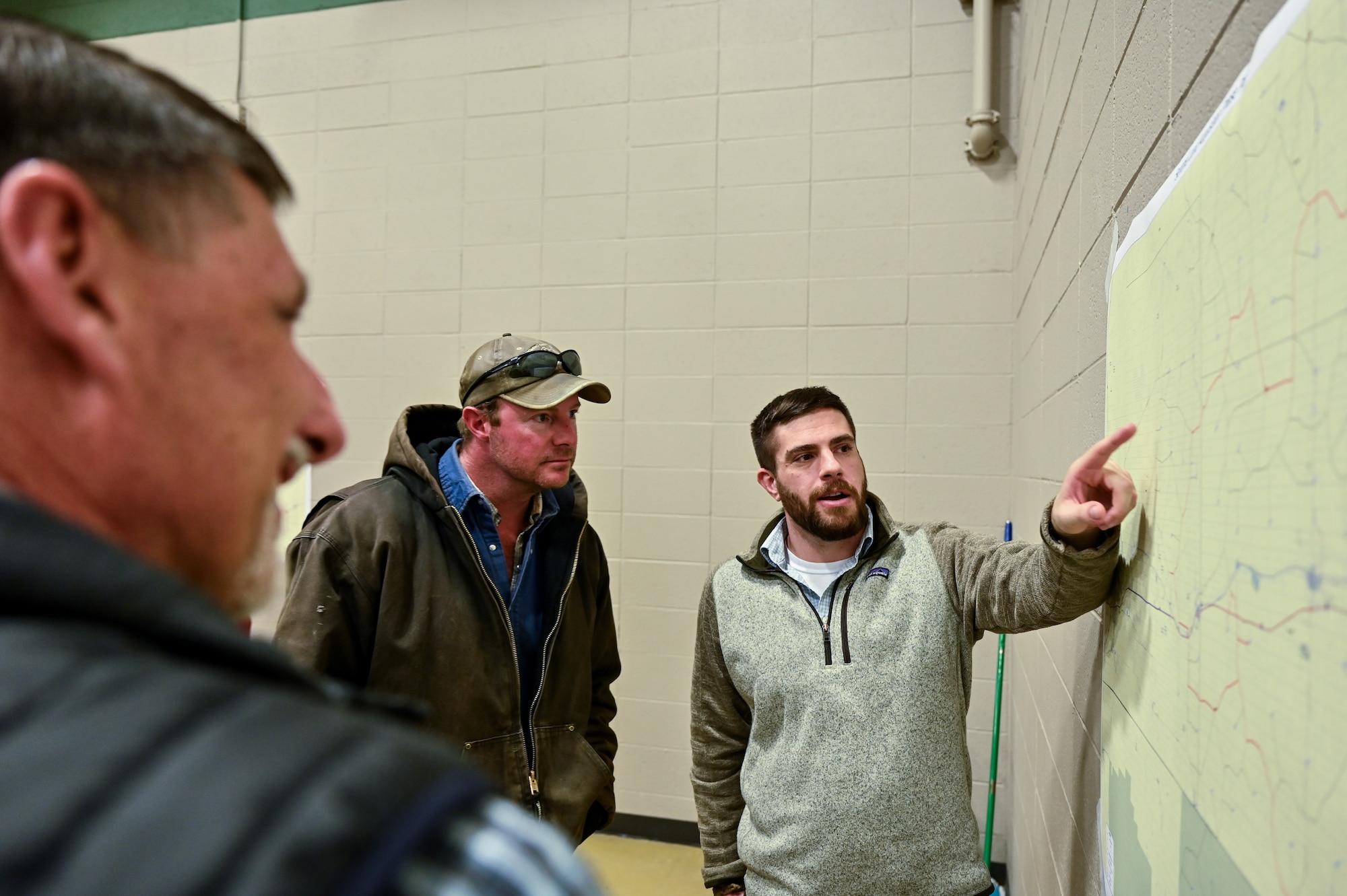 The U.S. Air Force and the U.S. Corps of Engineers host a Sentinel town meeting for Laramie County landowners to discuss real estate activities and future negotiations to support the project in Pine Bluffs, Wyoming, March 27, 2023. The Air Force discussed the temporary construction easements for utility corridors and launch facilities and missile alert facilities conversion; the new permanent easements for utility corridors; drainage easements for LF and MAF sites converted to the new Sentinel Launch Centers; road access to new tower sites; and fee acquisitions for five-acre tower sites. (U.S. Air Force photos by Joseph Coslett Jr.)