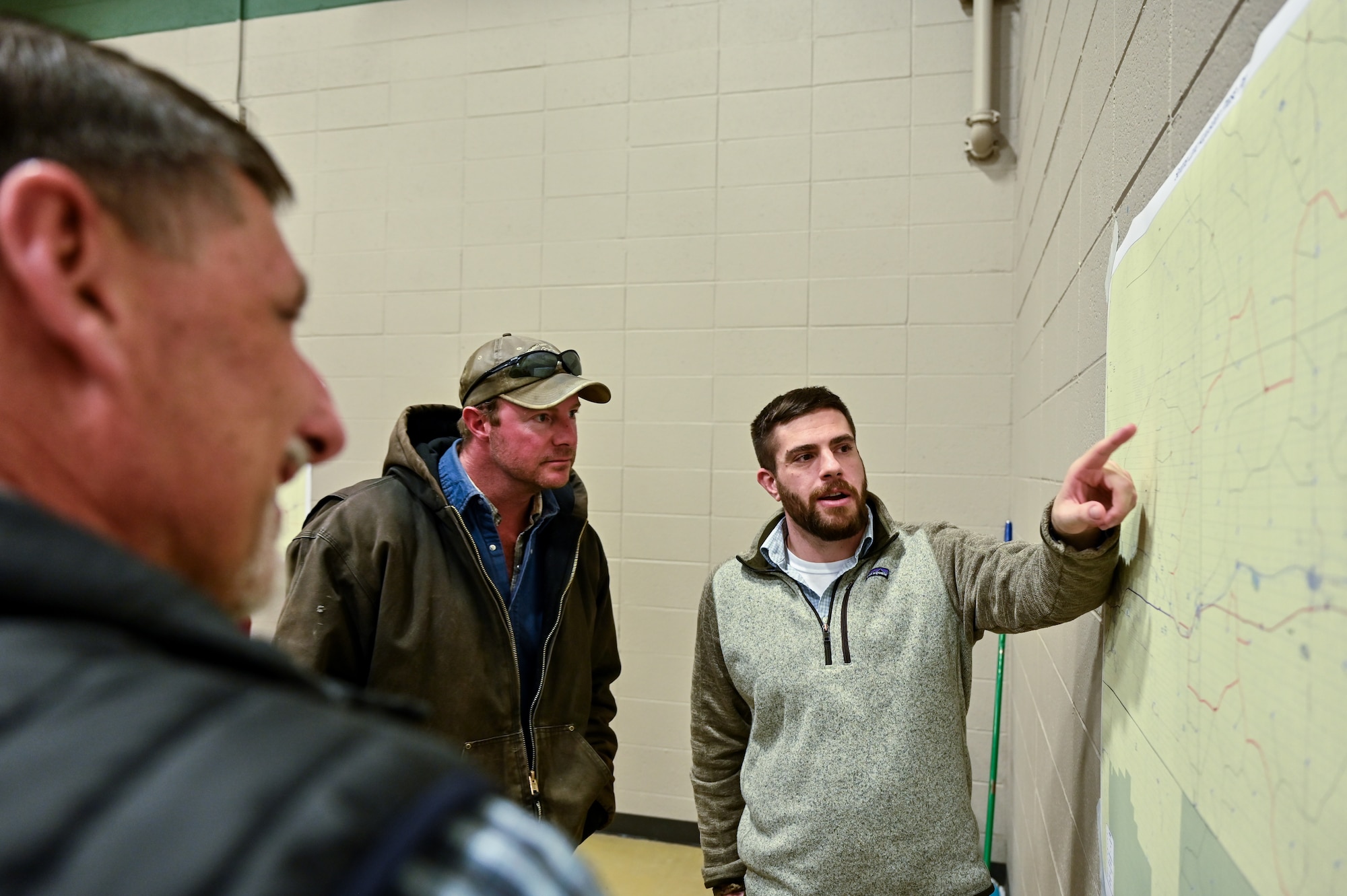 The U.S. Air Force and the U.S. Corps of Engineers host a Sentinel town meeting for Laramie County landowners to discuss real estate activities and future negotiations to support the project in Pine Bluffs, Wyoming, March 27, 2023. The Air Force discussed the temporary construction easements for utility corridors and launch facilities and missile alert facilities conversion; the new permanent easements for utility corridors; drainage easements for LF and MAF sites converted to the new Sentinel Launch Centers; road access to new tower sites; and fee acquisitions for five-acre tower sites. (U.S. Air Force photos by Joseph Coslett Jr.)