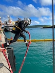 A U.S. Navy diver from Underwater Construction Team (UCT) Two enters the Port of Tinian for underwater construction repairs in the Commonwealth of the Northern Mariana Islands.  Photo by