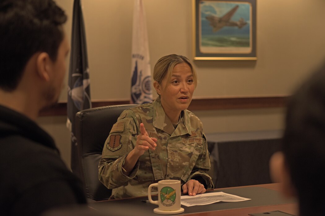 U.S. Air Force Chief Master Sgt. Rebecca Arbona, 17th Training Wing command chief, sits down with local recruiting prospects at Goodfellow Air Force Base, Texas, March 29, 2023. Arbona gave advice from her career in the Air Force and answered questions about basic military training, technical training, and different career options in the military. (U.S. Air Force photo by Senior Airman Ashley Thrash)