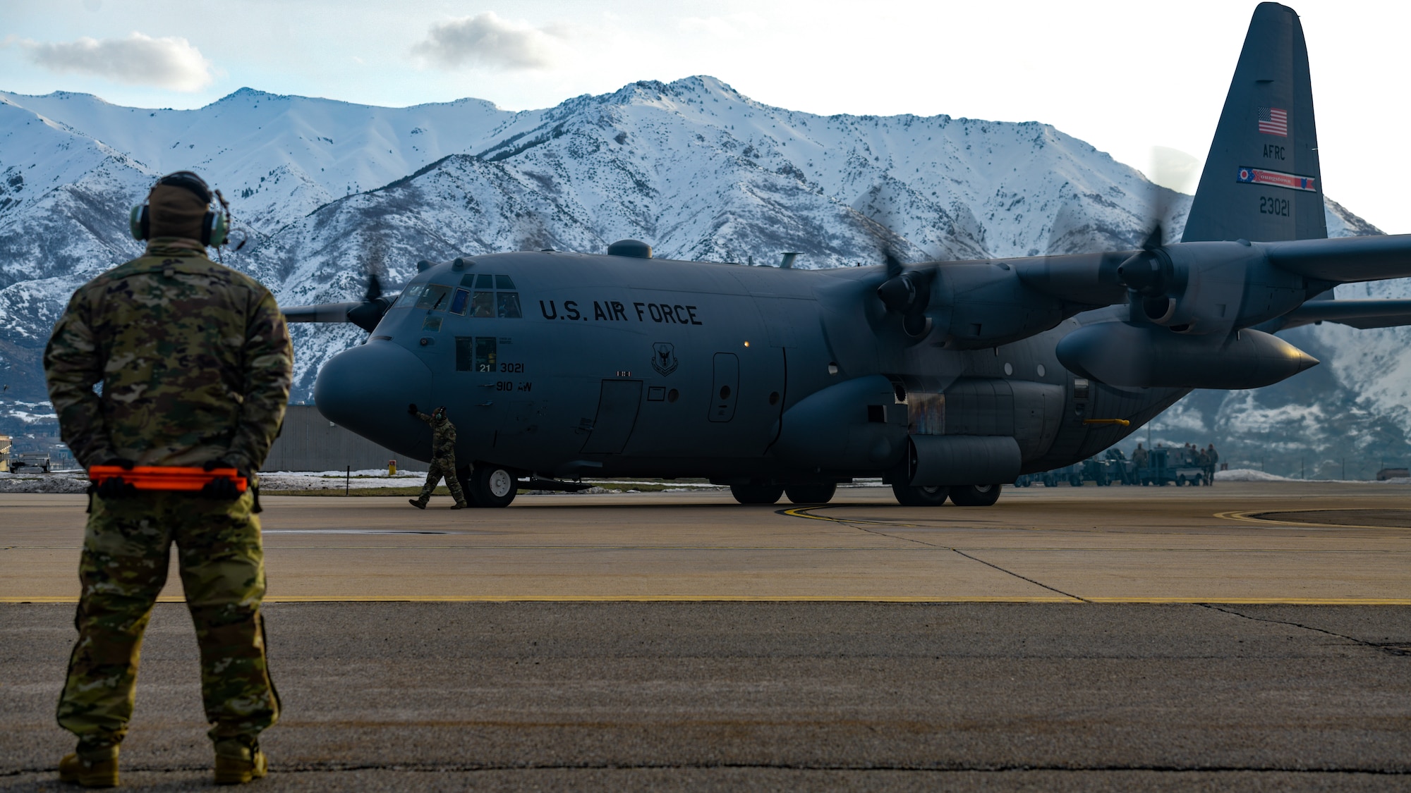 An aerial spray-modified C-130H Hercules aircraft assigned to the 910th Airlift Wing, Youngstown Air Reserve Station, Ohio, prepares to taxi on March 14, 2023, at Hill Air Force Base, Utah.