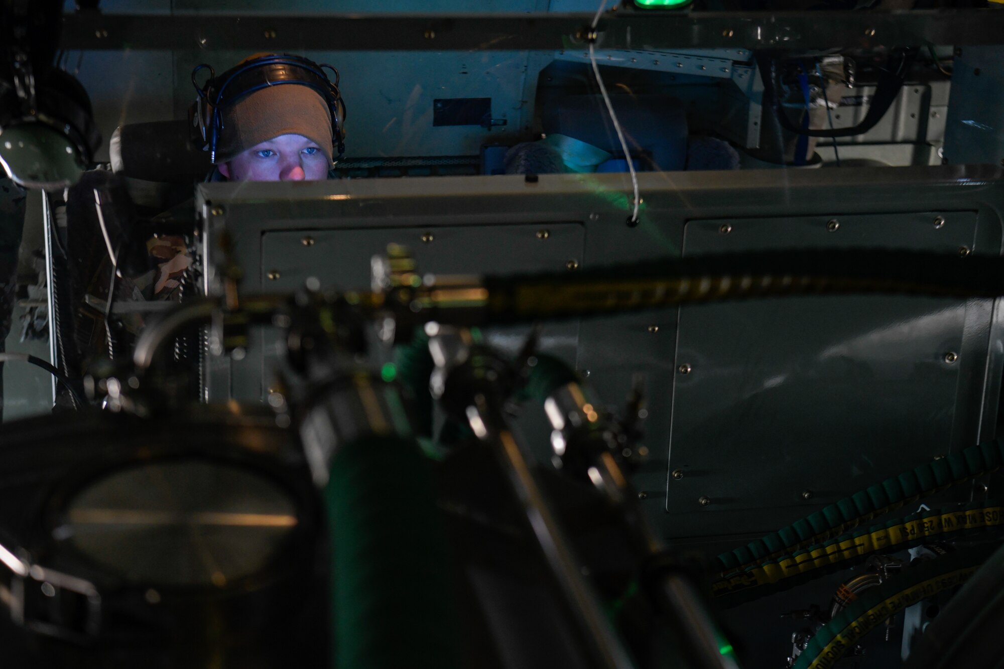 Staff Sgt. Garrett Orlowski, an aerial spray system maintainer assigned to the 910th Maintenance Squadron, run a post-flight diagnostics check on an electronic modular aerial spray system aboard an aerial spray modified C-130H Hercules aircraft assigned to the 910th Airlift Wing, Youngstown Air Reserve Station, Ohio, on March 14, 2023, at Hill Air Force Base, Utah.