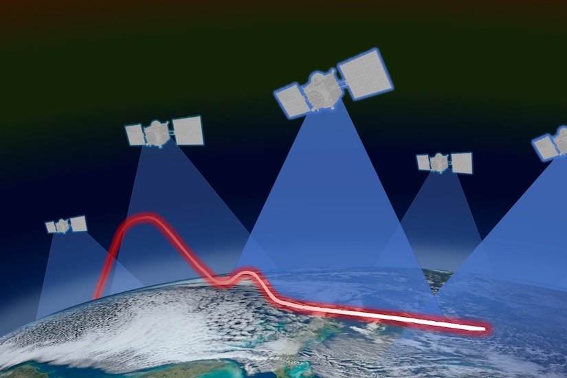 Illustrated satellites appear over Earth.