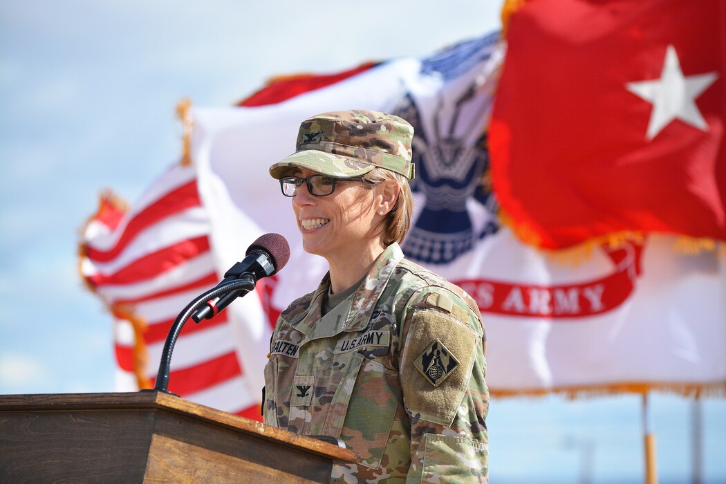 Col. Julie Balten, U.S. Army Corps of Engineers Los Angeles District commander, speaks during a March 23 groundbreaking ceremony for a new Simulations Center at Fort Irwin, California.