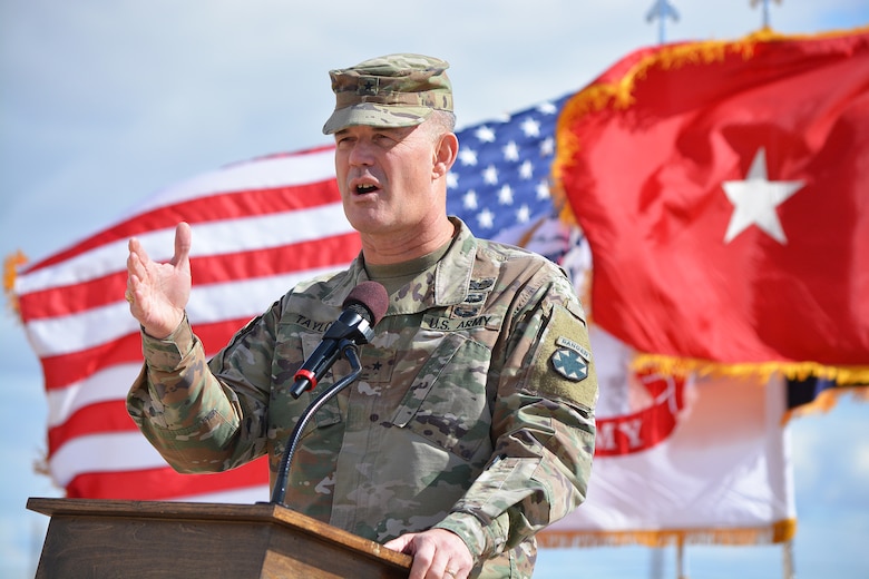 Brig. Gen. Curtis Taylor, commanding general of the National Training Center and Fort Irwin, speaks during a March 23 groundbreaking ceremony for a new Simulations Center at Fort Irwin, California.