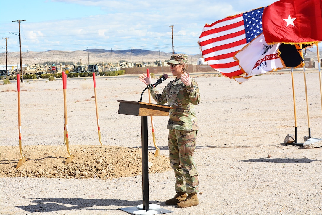 Col. Julie Balten, U.S. Army Corps of Engineers Los Angeles District commander, speaks during a March 23 groundbreaking ceremony for a new Simulations Center at Fort Irwin, California.