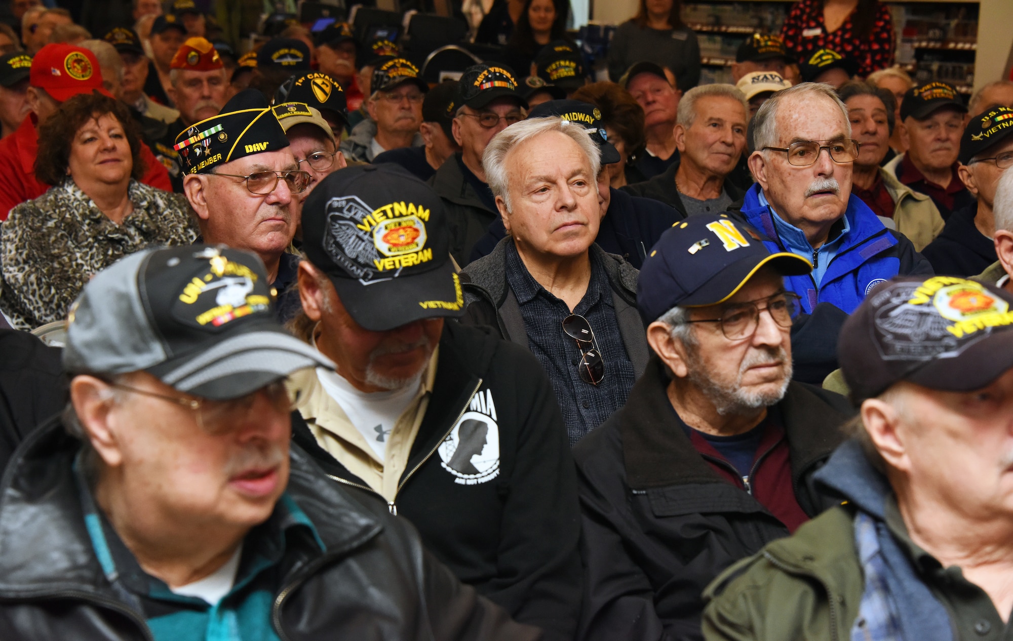 U.S. veterans and other participants attend a Vietnam veterans recognition ceremony at Joint Base McGuire-Dix-Lakehurst, N.J., Mar. 29, 2023. The purpose of this ceremony was to honor and thank the veterans who served their country with courage and selflessness during the Vietnam War, as part of the nationwide effort to recognize their contributions and sacrifices. Since 2018, the Navy Exchange located on Joint Base MDL has been holding this annual ceremony, which has become an important tradition to express appreciation and respect for the brave men and women who risked their lives for the nation. (U.S. Air Force photo by Daniel Barney)