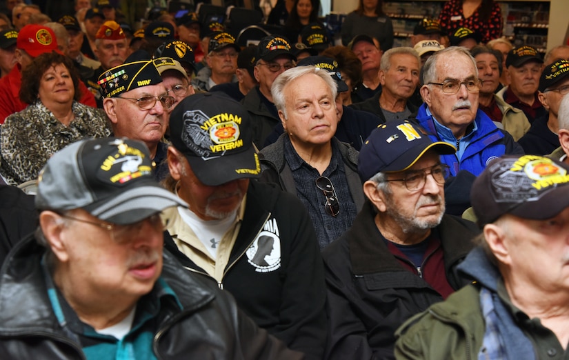 U.S. veterans and other participants attend a Vietnam veterans recognition ceremony at Joint Base McGuire-Dix-Lakehurst, N.J., Mar. 29, 2023. The purpose of this ceremony was to honor and thank the veterans who served their country with courage and selflessness during the Vietnam War, as part of the nationwide effort to recognize their contributions and sacrifices. Since 2018, the Navy Exchange located on Joint Base MDL has been holding this annual ceremony, which has become an important tradition to express appreciation and respect for the brave men and women who risked their lives for the nation. (U.S. Air Force photo by Daniel Barney)