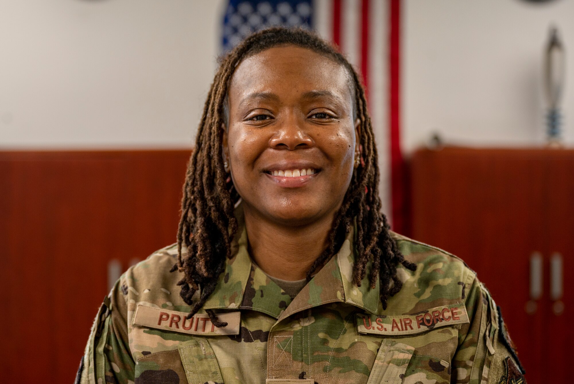U.S. Air Force Master Sgt. Alauna Pruitt, 51st Security Forces Squadron, elite guard section chief, poses for a photo in celebration of Women’s History Month at Osan Air Base, Republic of Korea, March 27, 2023.